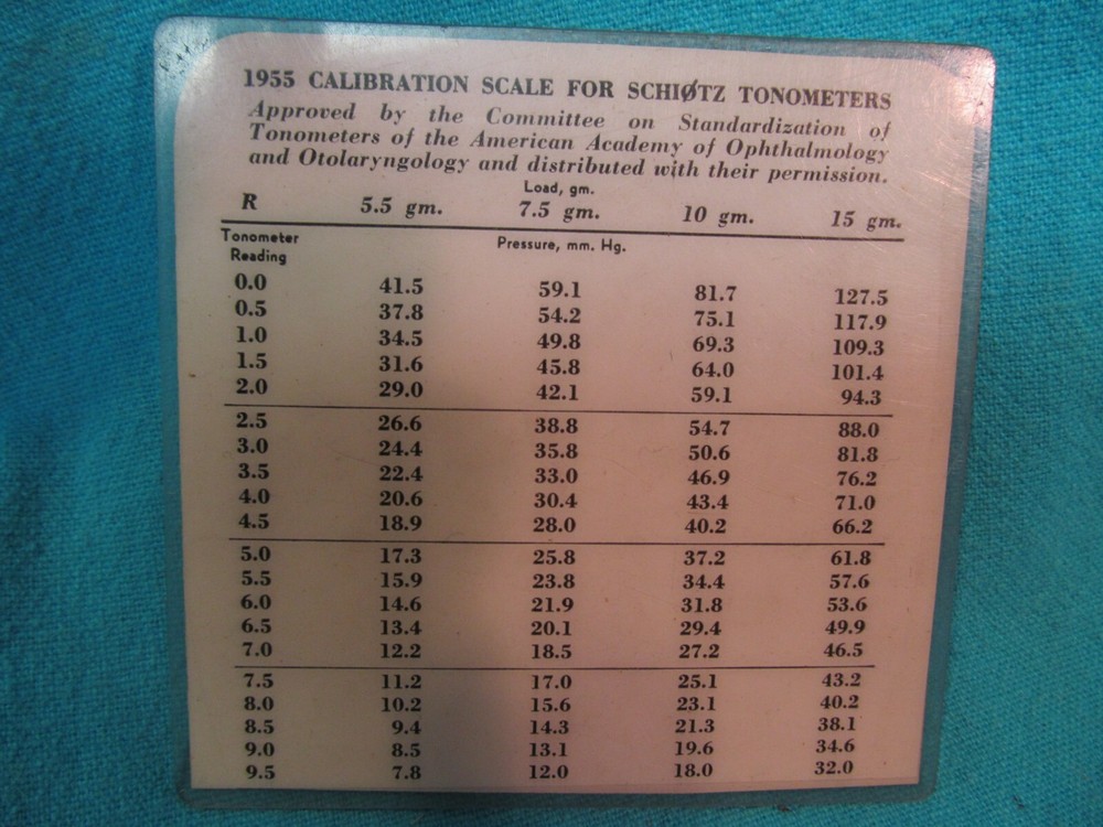 LAMINATED 1955 CALIBRATION SCALE FOR SCHIOTZ TONOMETERS