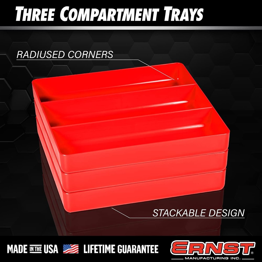 3-Compartment Red Tool Tray Garage Organizer Stackable Drawer Storage 10.5 x 10.