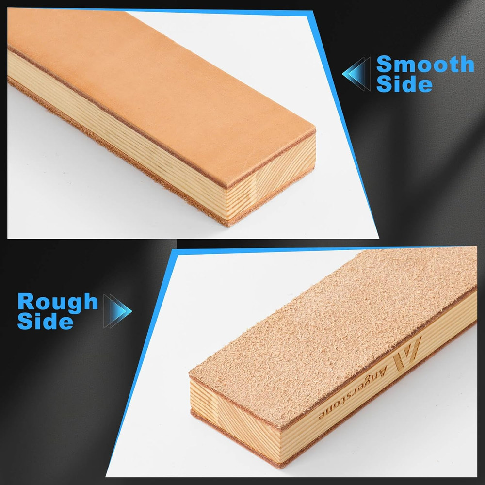 ANGERSTONE Double Side Leather Strop for Knife Sharpening - 14"X 2" Stropping Bl