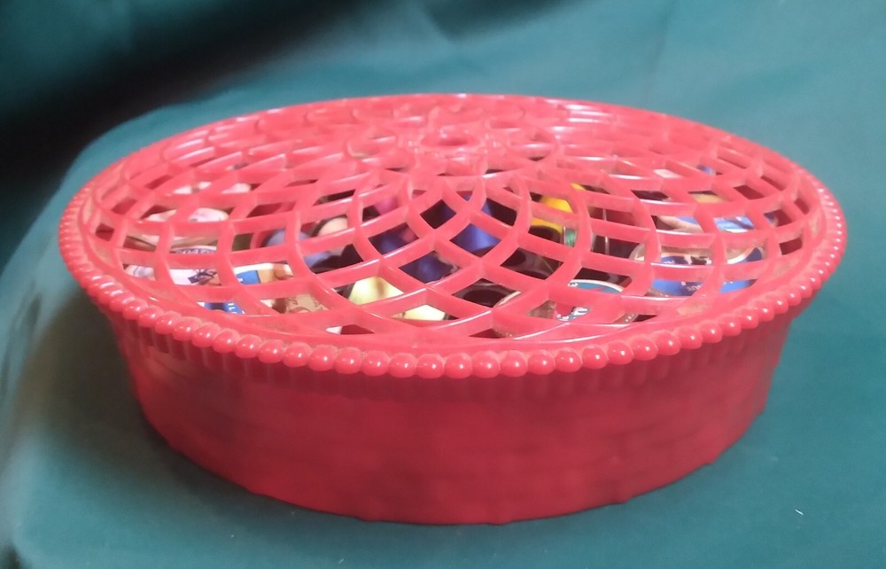 Vintage Red Plastic Thread Basket & Contents