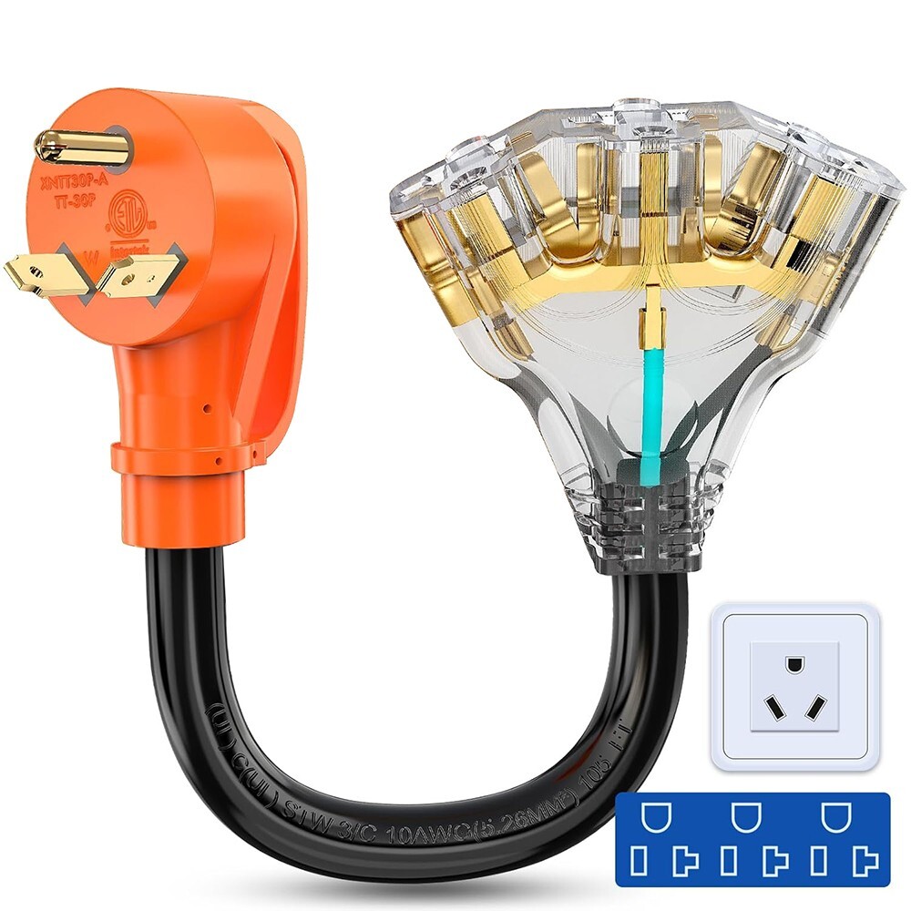 30 Amp to 110V RV/Generator Adapter Cord, NEMA TT-30P Male to 3X 5-15R/5-20R