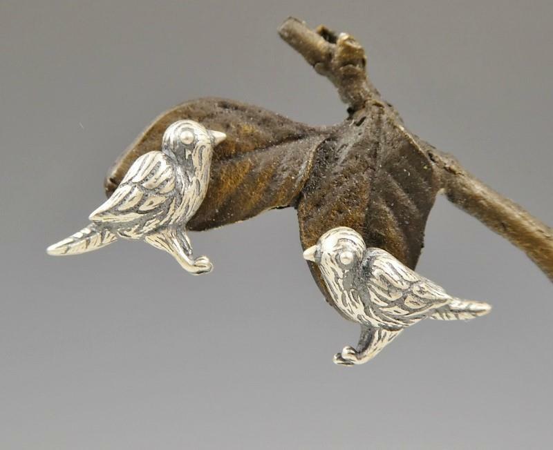 Unique Handmade Sterling Silver Tiny Small Birds Post Stud Earrings Great Detail