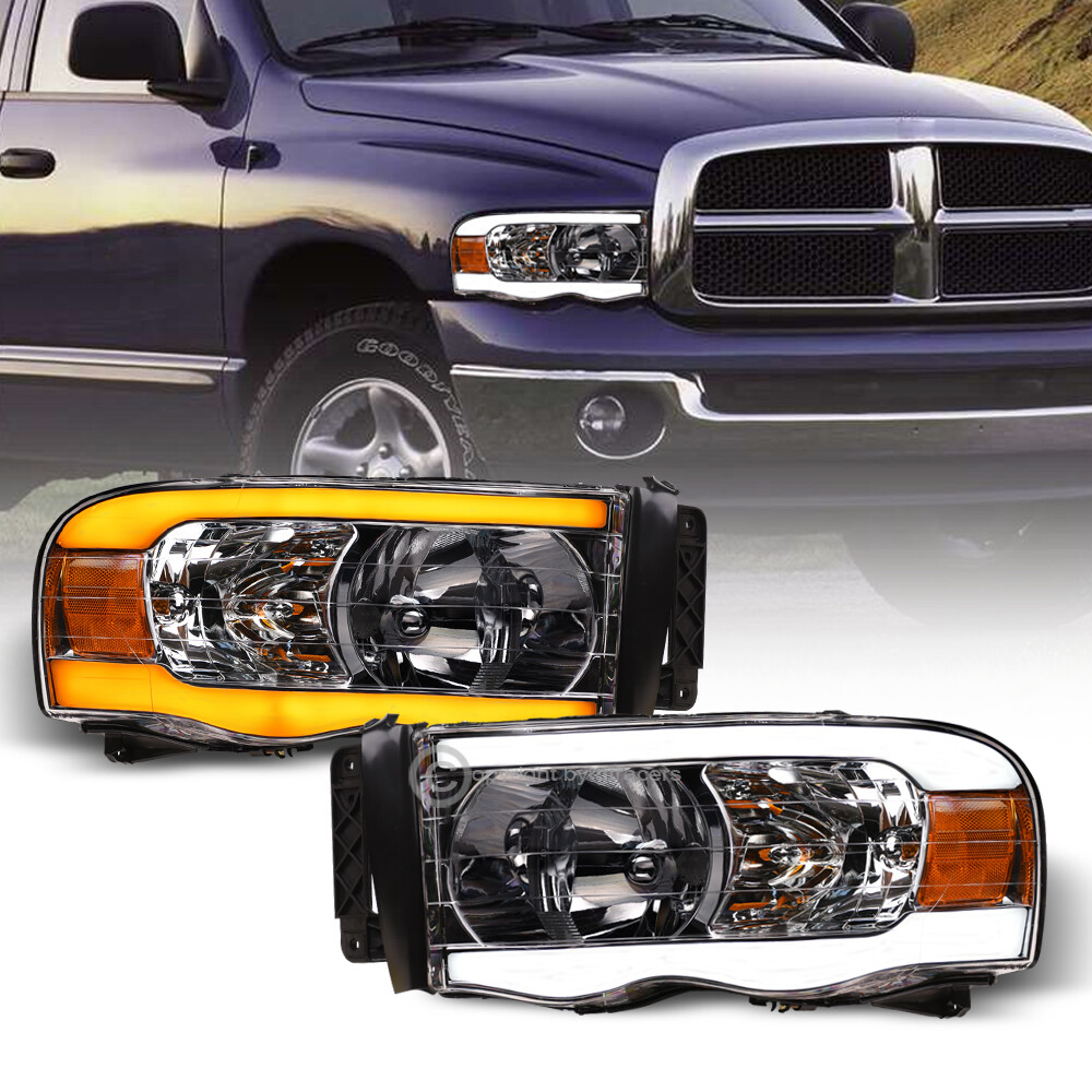 Switchback Sequential For 2002-2005 Dodge Ram Chrome Headlights w/LED Tube Bar