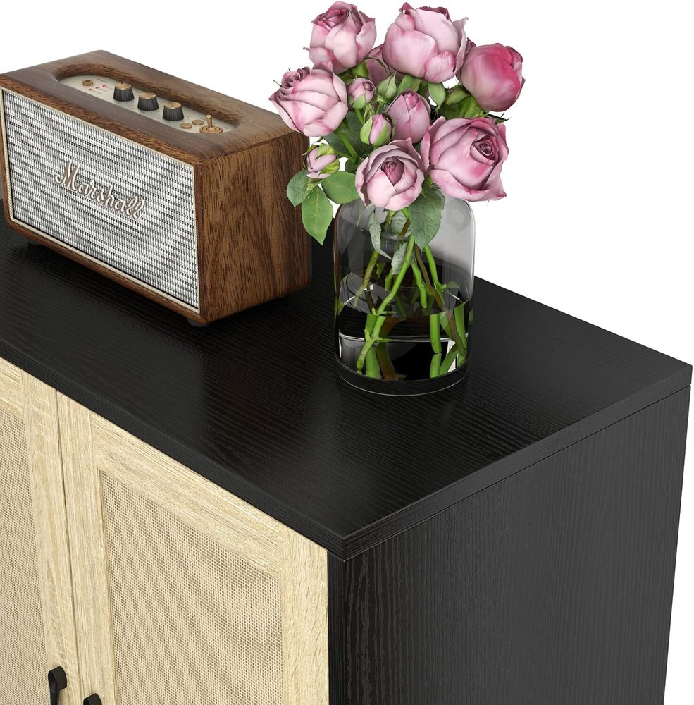 Buffet Cabinet Sideboard with Rattan Decorated Doors Storage Cupboard Cabinet
