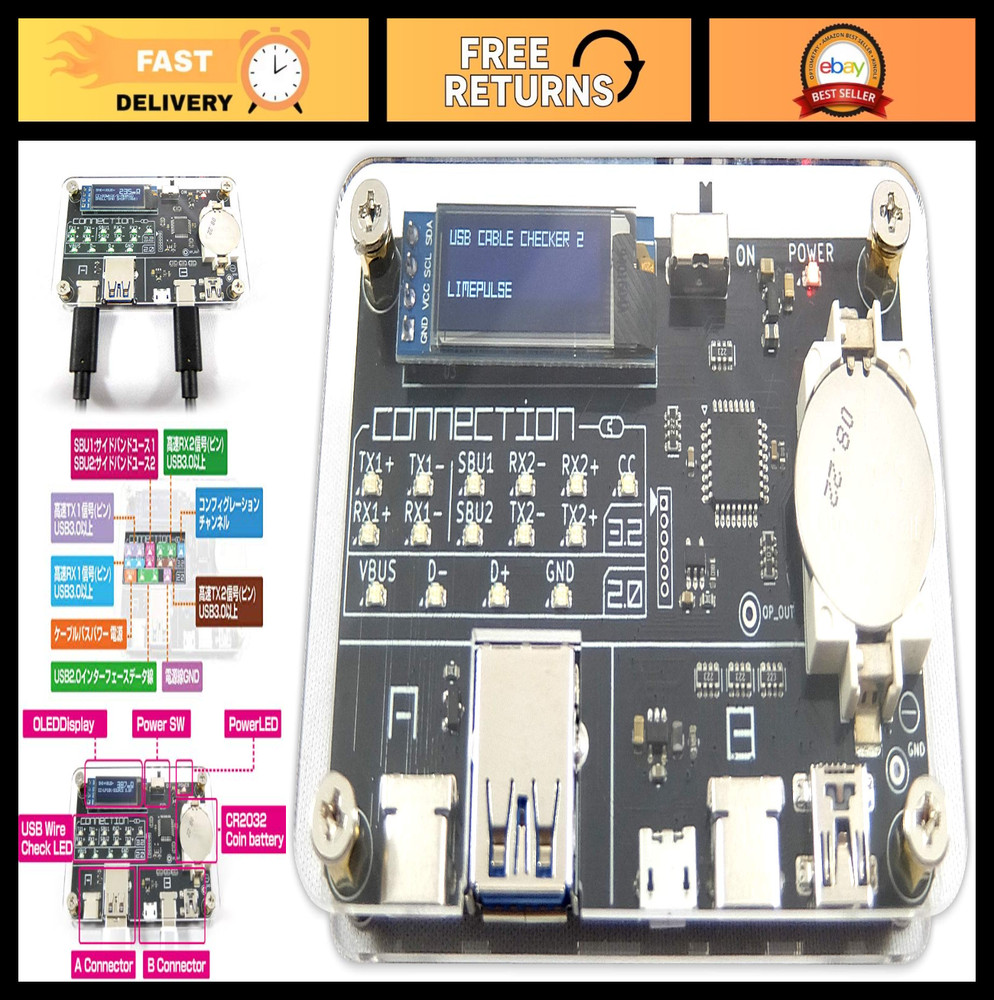 USB Cable Tester Tool - Digital Checker for MiniB, MicroB, Type-C Cables, Compac