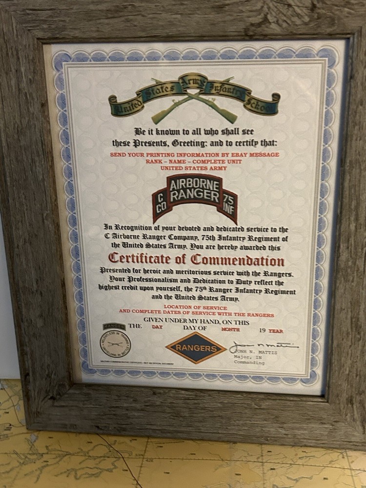 U.S. ARMY RANGER - C CO / 75 INFANTRY COMMENDATION CERTIFICATE (COMMEMORATIVE)