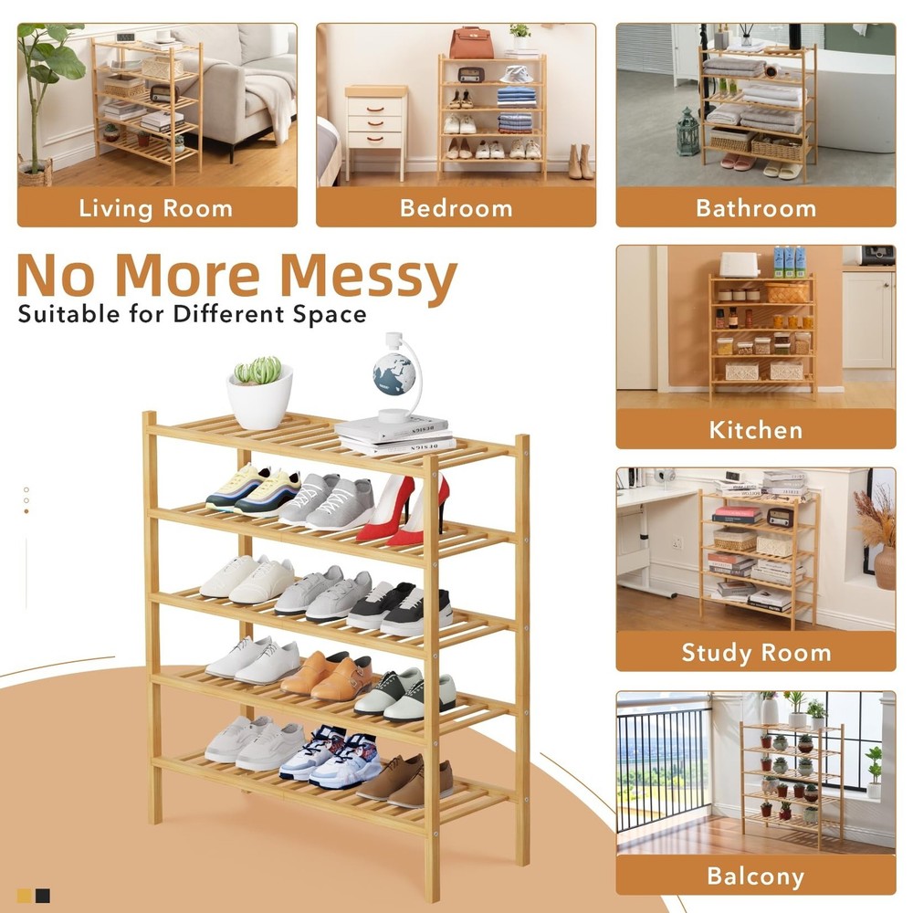 5 Tier Bamboo Shoe Rack Storage Organizer for Closet, Multifunctional Stackab...
