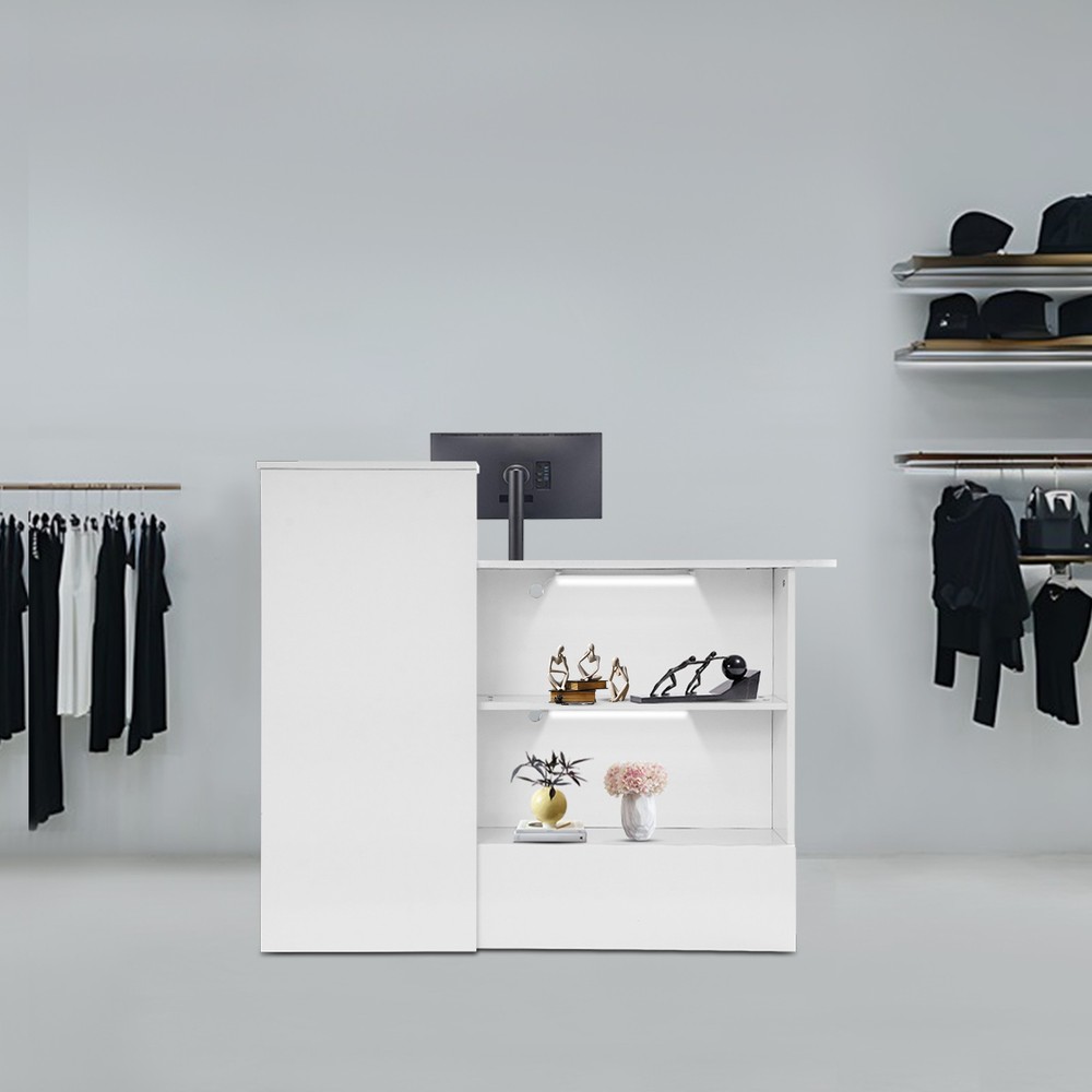 2 Lights Rectangular Reception Counter Modern Reception Desk w/ Lockable Drawer