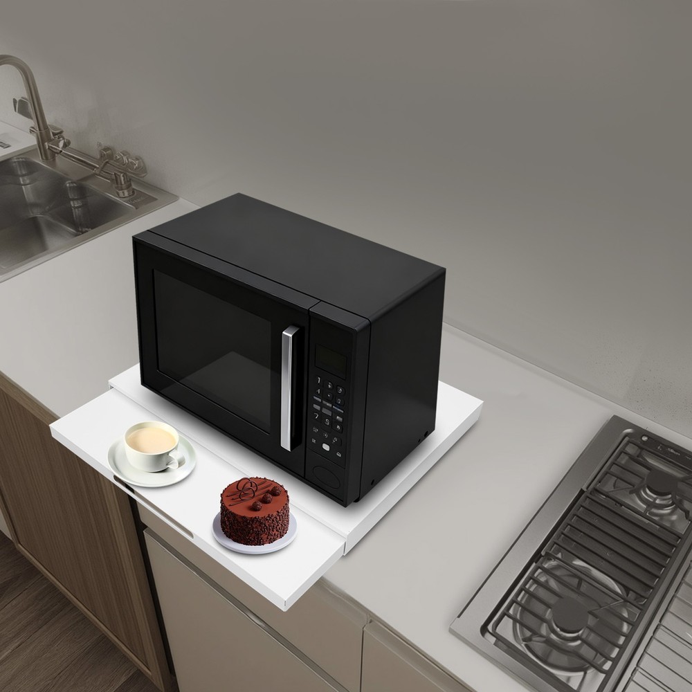 Microwave Stand with Pull-Out Shelf, Countertop Organizer for Compact Microwaves