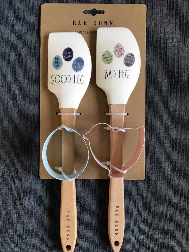 NWT Rae Dunn Spatula & Cookie Cutter Set 4 pieces GOOD EGG BAD EGG Easter/Spring