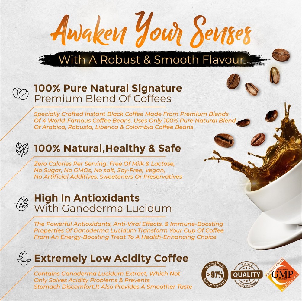 5x Nugano Premium Black Coffee with Ganoderma Extract, Sugar Free, Low Caffeine