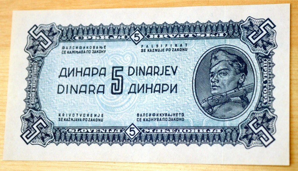 1944 Yugoslavia 5 Dinara WWII Unc.