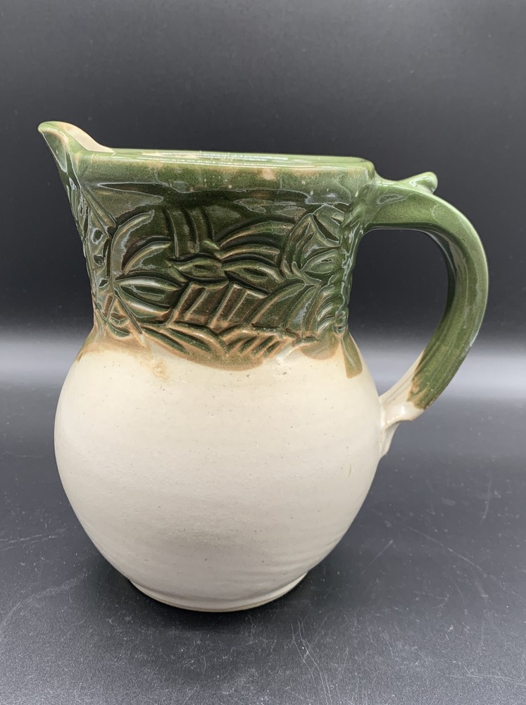 Studio Art Pottery Pitcher Ivory Green Glaze Leaves Signed
