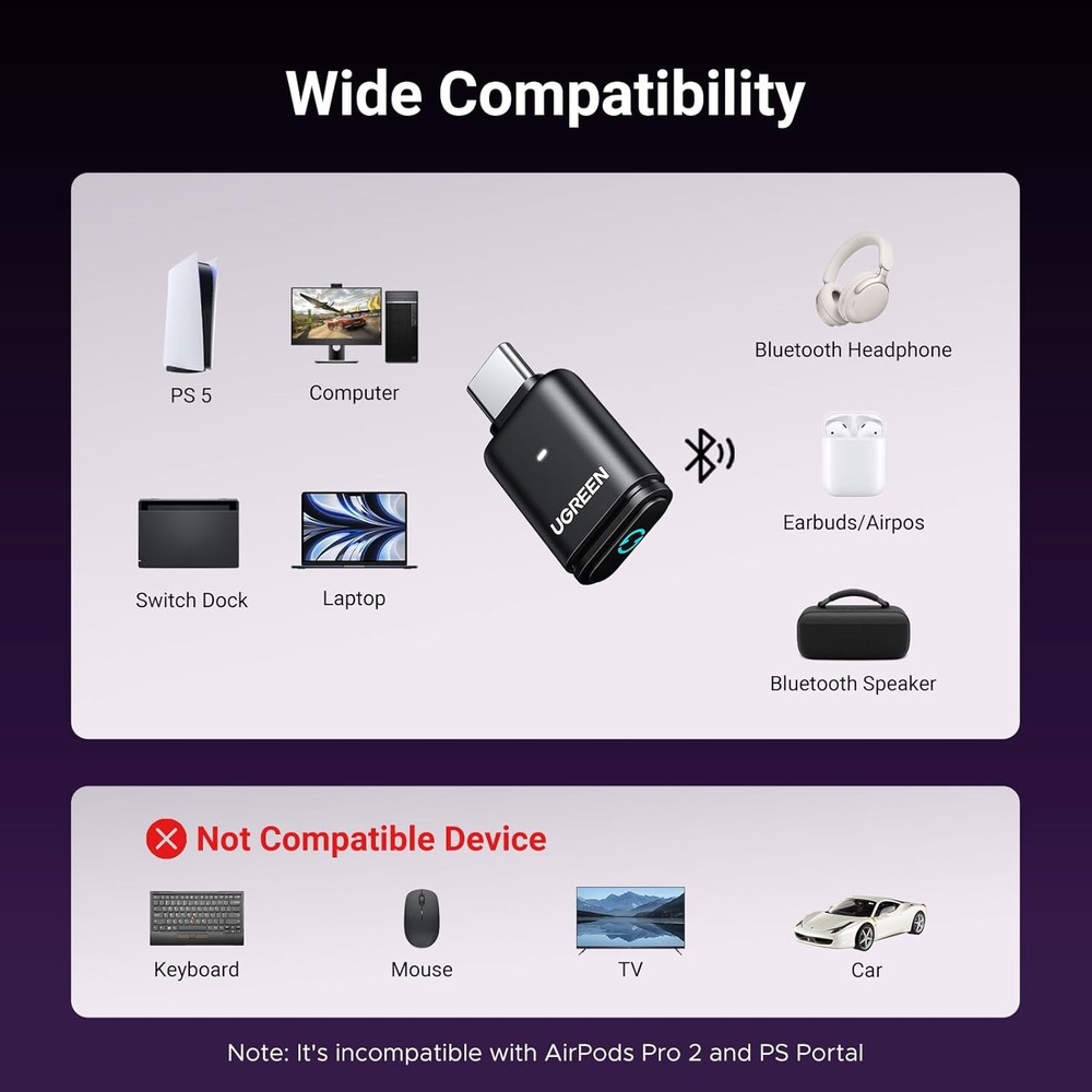 Bluetooth Adapter for PS5 USB-C Wireless Audio Transmitter Low Latency