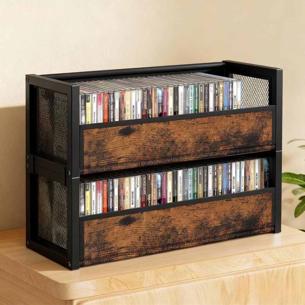 2-Tier CD Holder W/ Fabric Wood Grain Texture Stackable CD Storage Case & Box