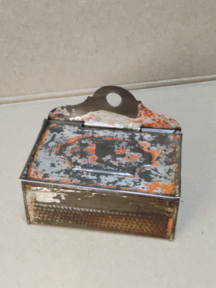 Antique Primitive Wall Mount Tin Match Safe Box w/ Striker Front