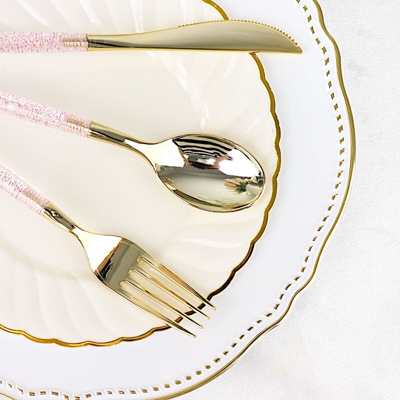 24 Disposable Plastic Cutlery Gold Glittered Handle Wedding Events