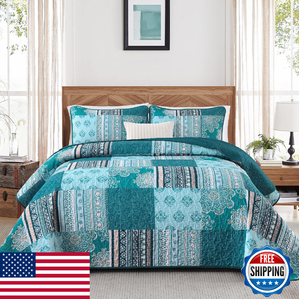 Dintszyayue Teal Patchwork Quilt Set King Size,3 Pieces Turquoise Boho Bedspread