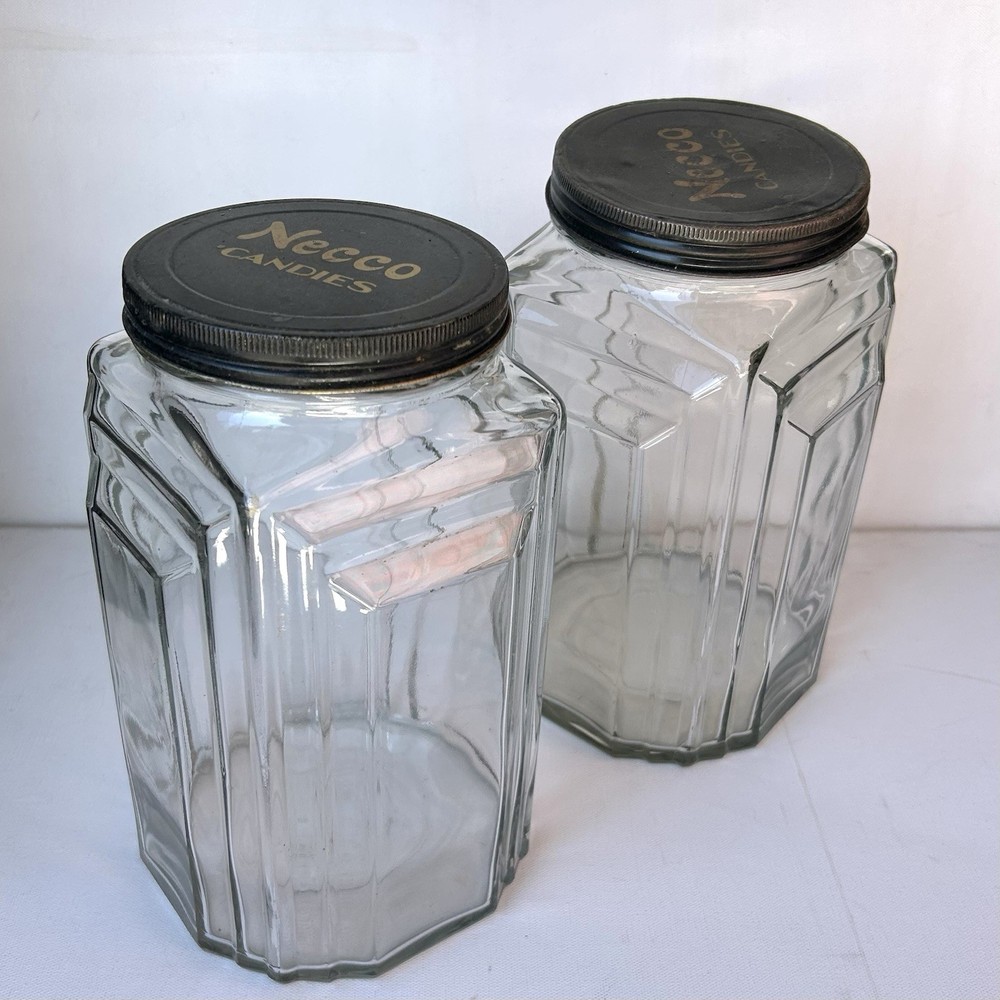 Two Art Deco Necco Candy Jars With Lids - 10” Tall