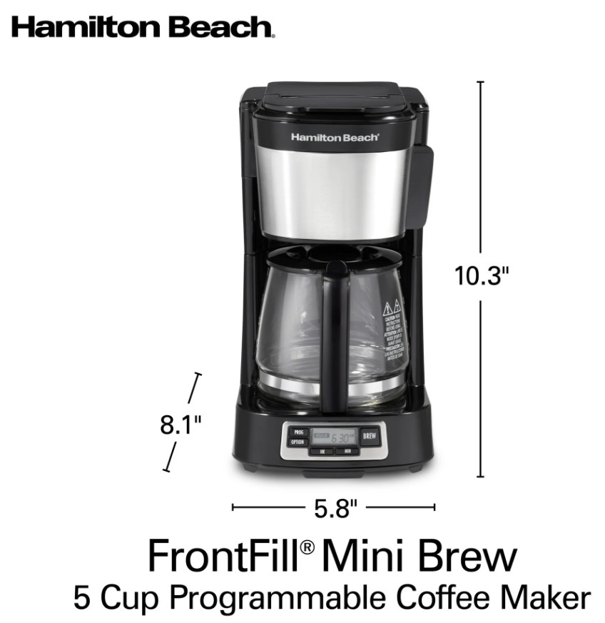 Hamilton Beach Front Fill 5-Cup Programmable Mini Drip Coffee Maker Black 46113