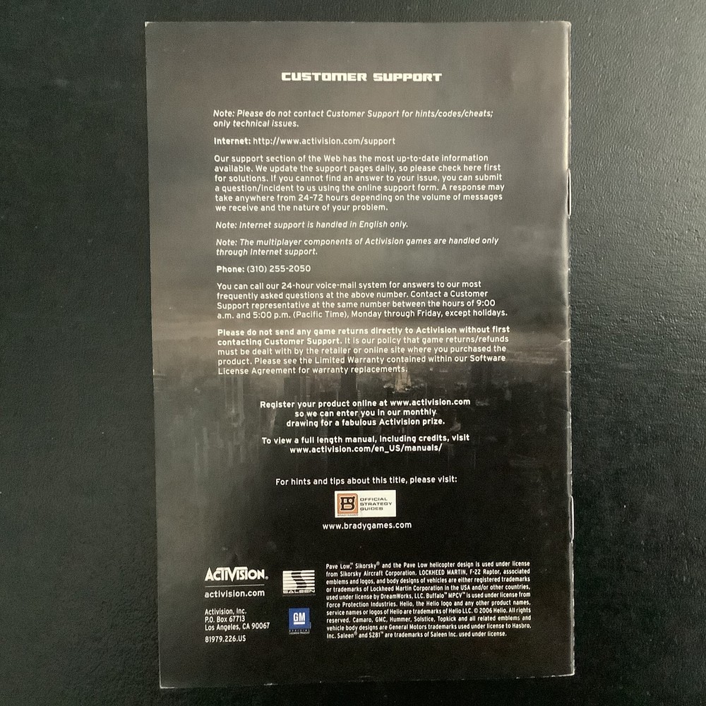Transformers: The Game Microsoft Xbox 360 Instruction Manual Only