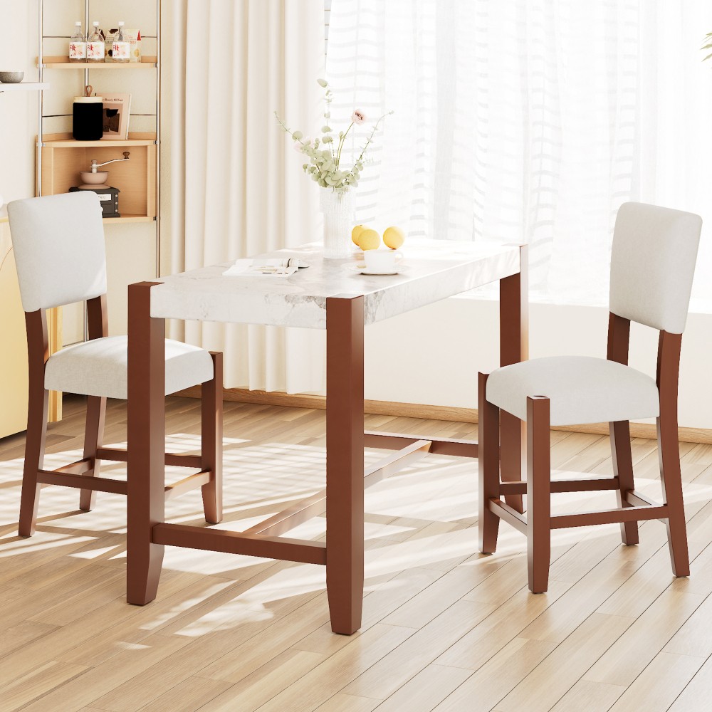 Three-Piece Dining Set Marble-Look Table with 2 Chairs Includes Cushions