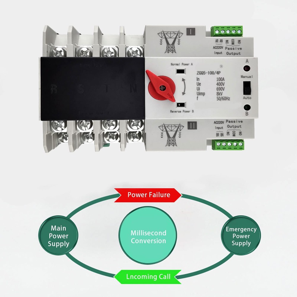 Dual Power Automatic Transfer Switch 4P 100A 220V Electronic Changeover