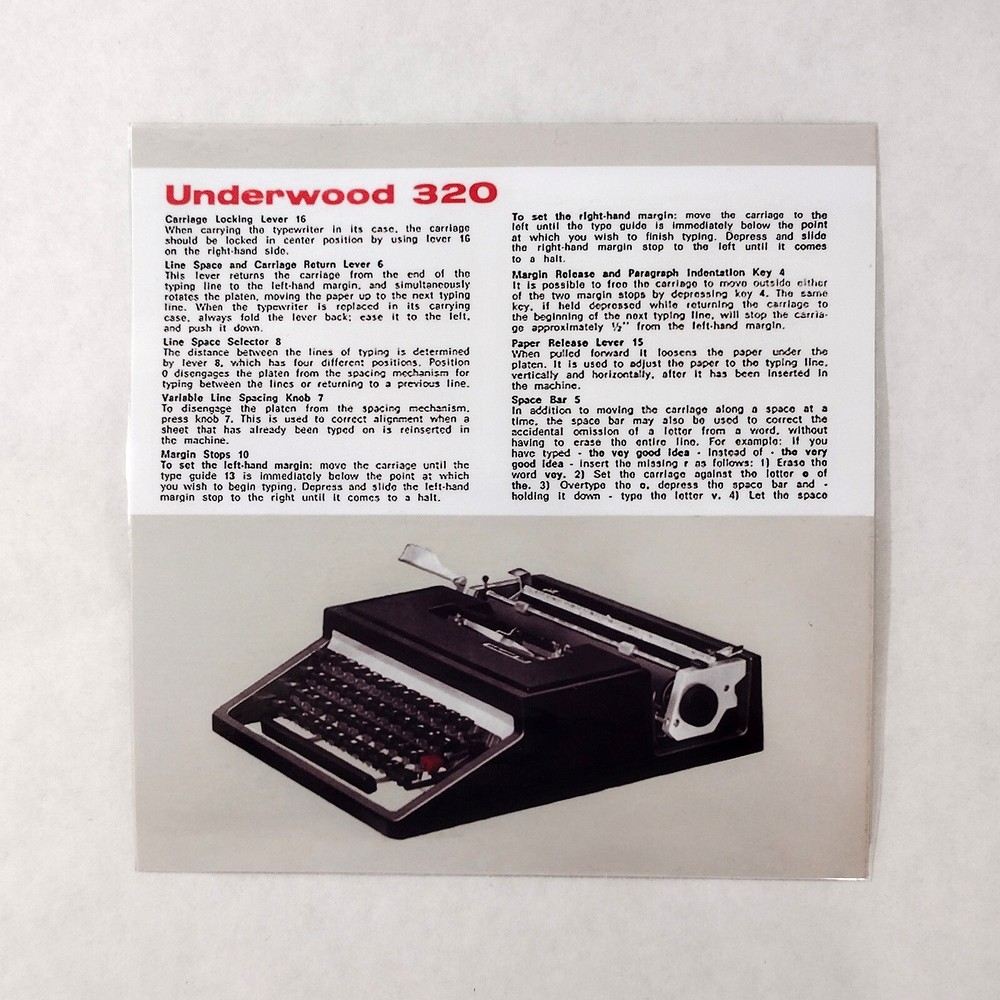 Underwood 320 Typewriter Owner's User Instruction Card Guide