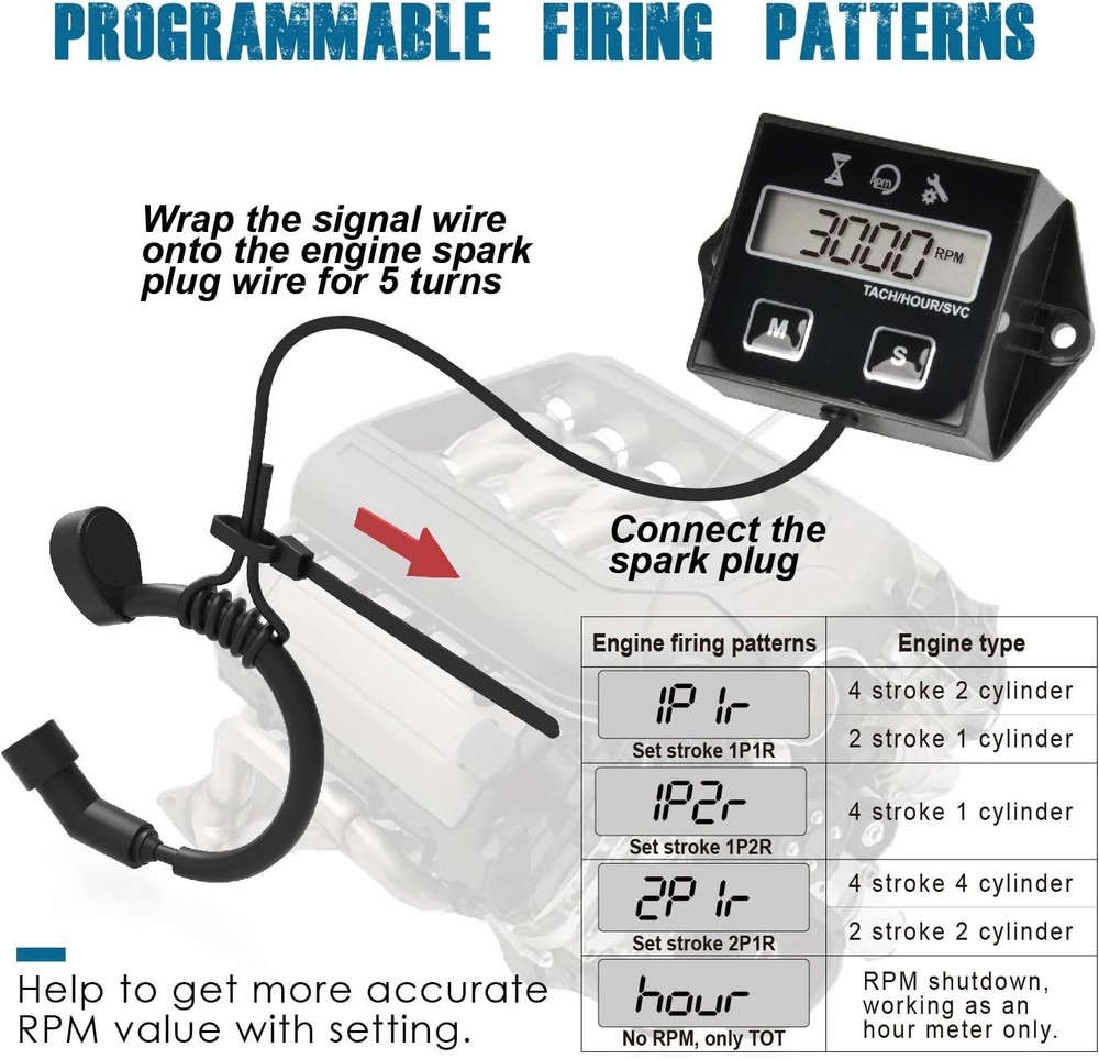 Small Engine Hour Meter - RPM Display, Maintenance Reminder