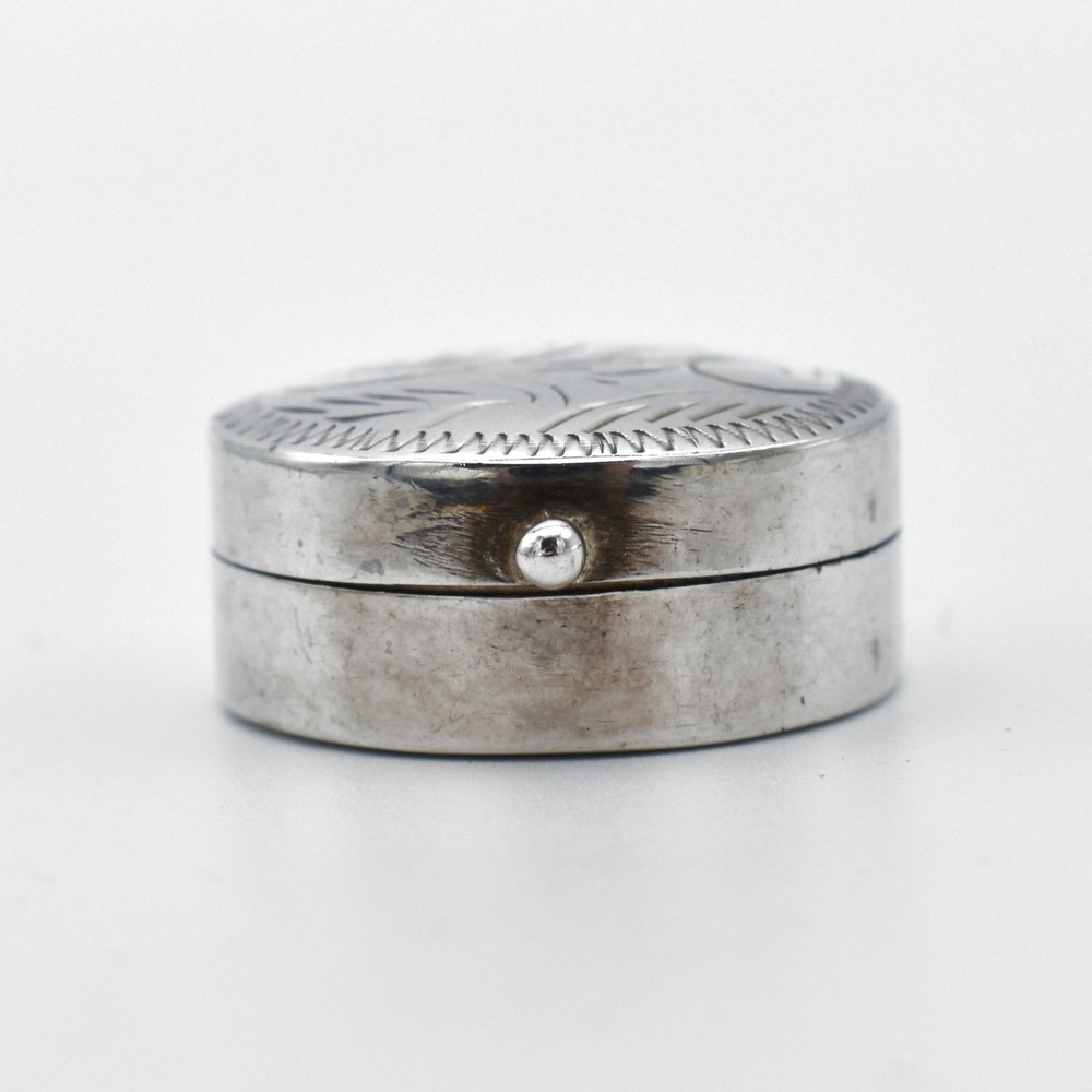 Vintage Solid Silver Pill Pot Engraved Hinged Lid 925 Sterling