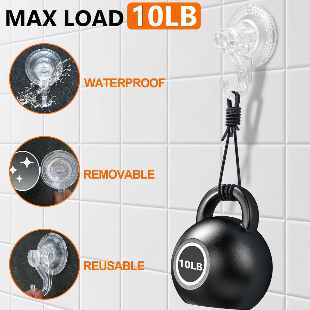 Suction Cup Hooks for Shower-Max Load 10 LB, No Trace, Reusable & Removable, ...