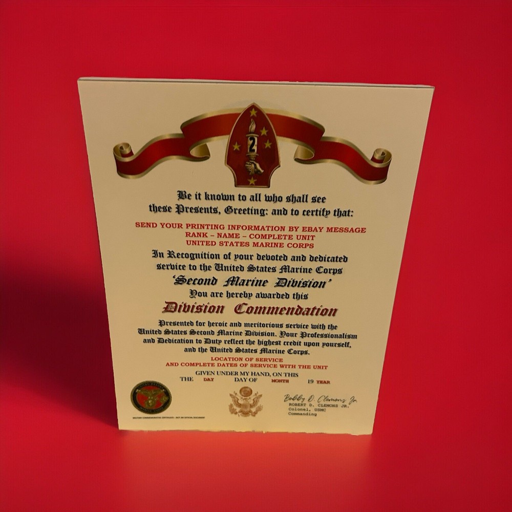 U.S.M.C. / 2ND MARINE DIVISION ~ DIVISION COMMENDATION REPLACEMENT CERTIFICATE