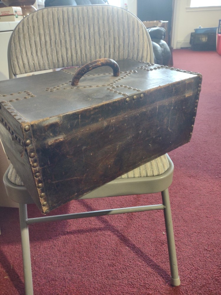 1820s Pre War Boston Robert Burr BLACK LEATHER w BRASS STUDS TRUNK Document BOX