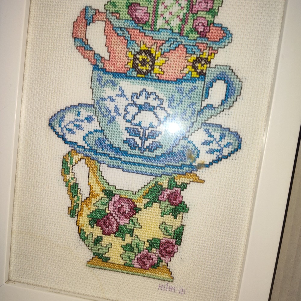 Framed Cross Stitch Teacup Stack Art Handcrafted Tea Theme Decor 20x10