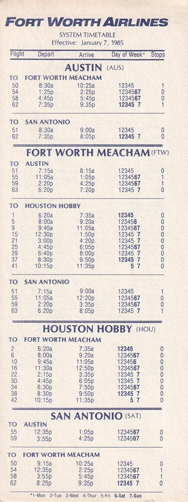 Fort Worth Airlines timetable 1985/01/07