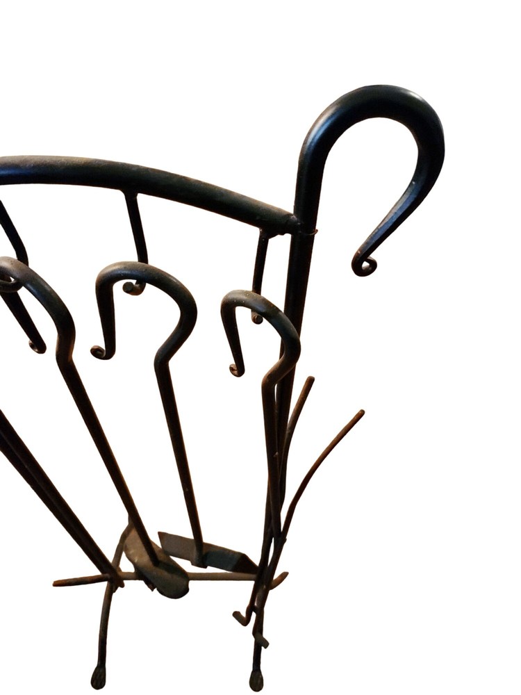 Vintage Black Wrought Iron Fireplace Tool Set With Stand