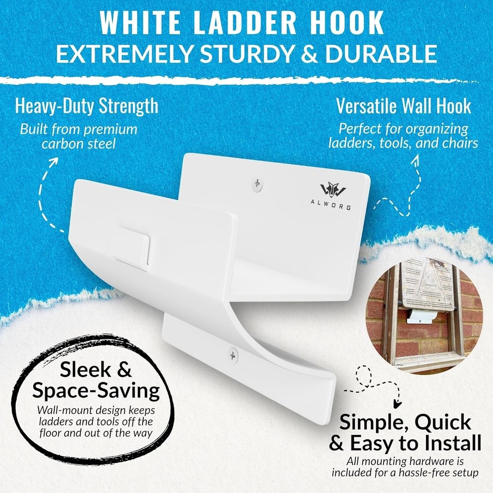 White Ladder Hooks for Garage Wall - Step Holder Single Hook,
