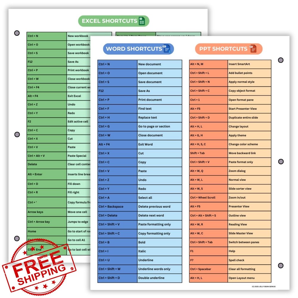 Excel PowerPoint Word Shortcuts Binder Insert - 2 Pack
