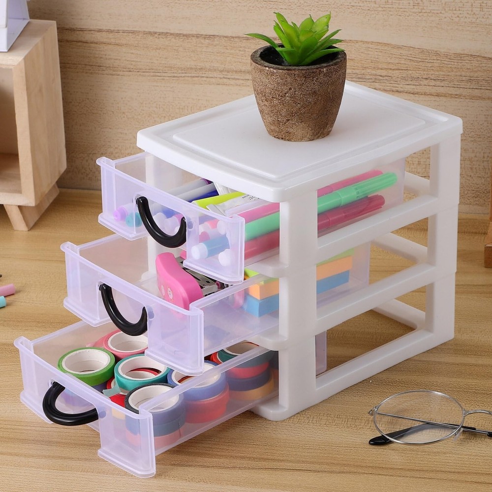 Small Drawer Organizer 3-Drawer Desktop Organizer Plastic Stackable Storage D...