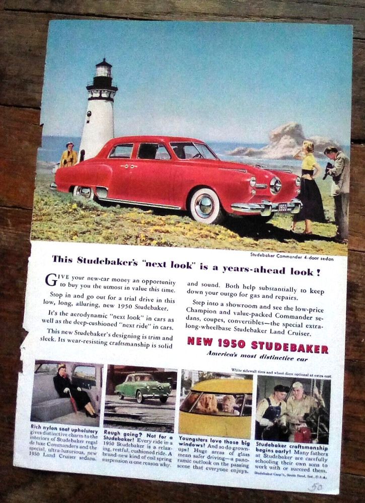 1950 Studebaker Lighthouse Shoreline  Print AD