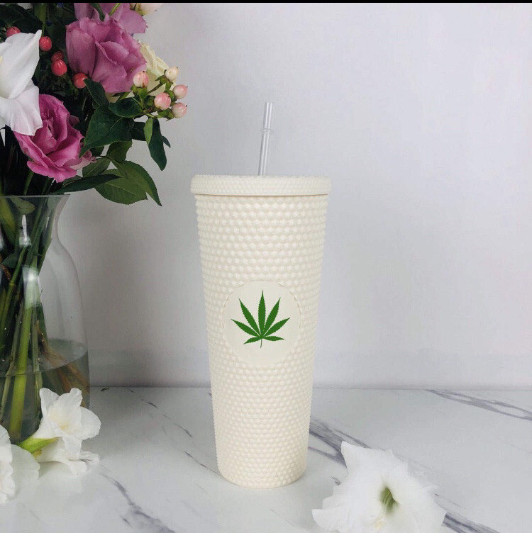 24oz White matte studded tumbler with Marijuana leaf.