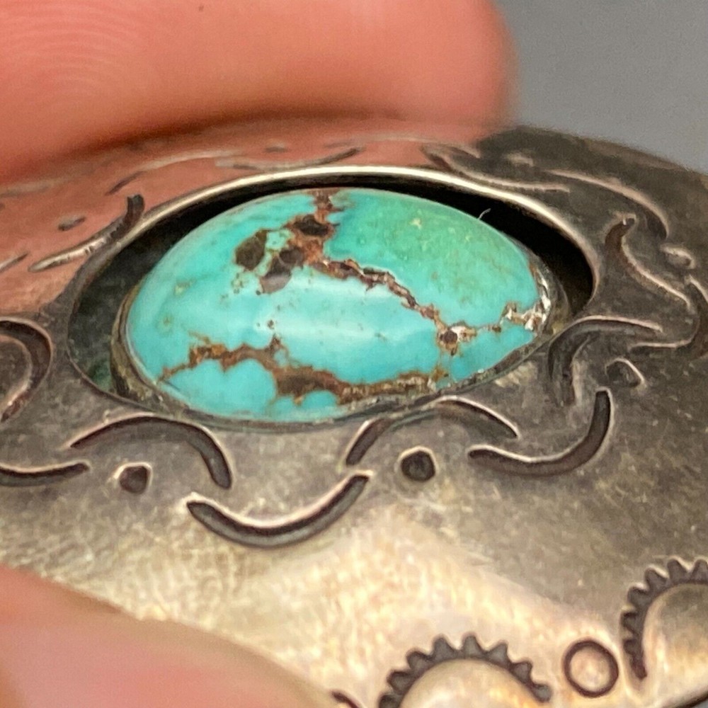 Vintage Navajo Native Turquoise Shadowbox Silver Stampwork Pendant