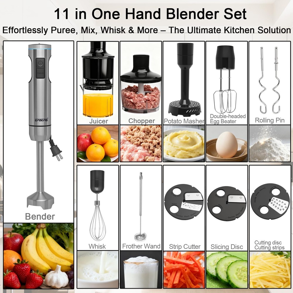 Handheld Immersion Blender Bundle, 1000W Powerful 11-in-1 Set for Smoothies,O...