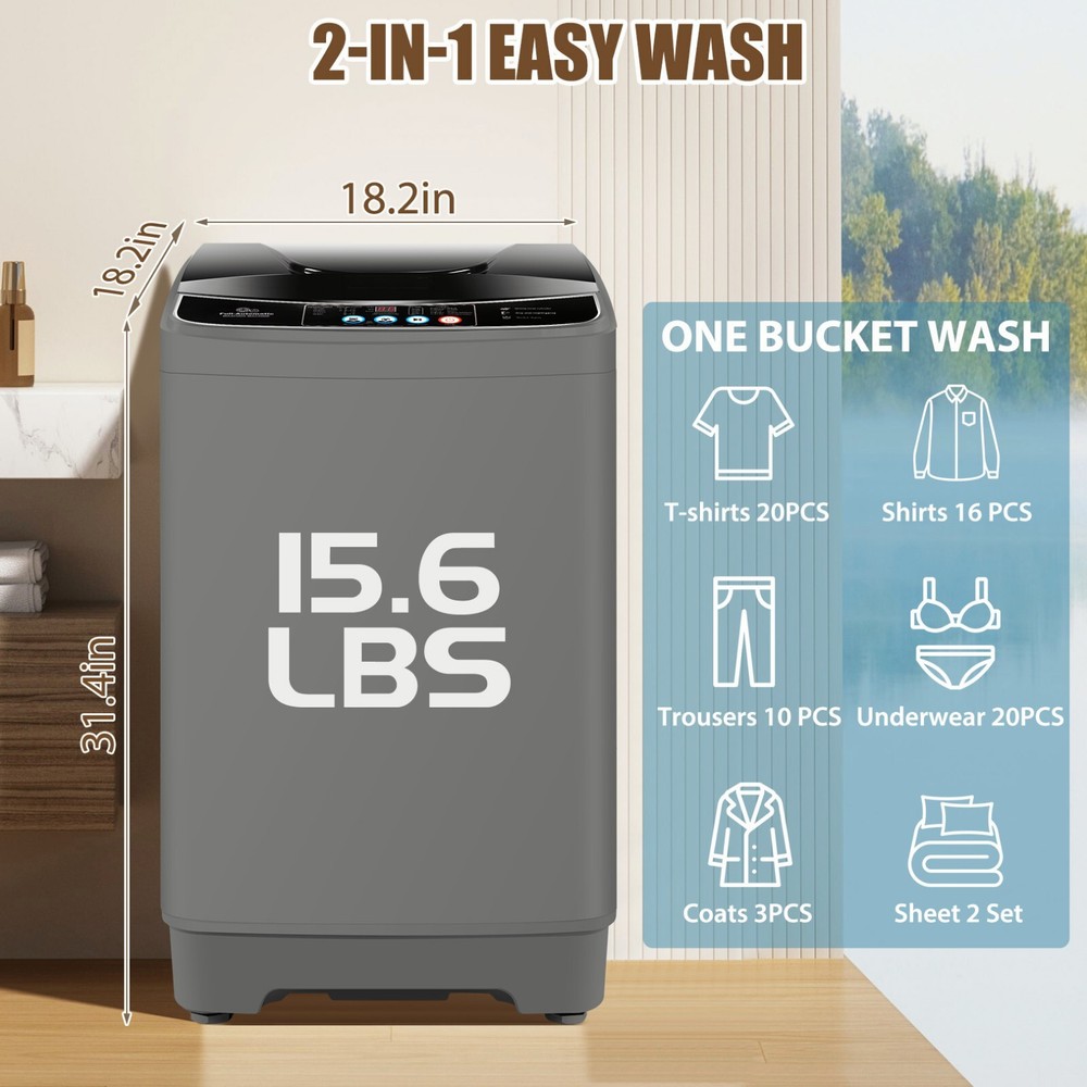 Portable Full-Automatic Washing Machine,15.6lbs Compact Washer Shock Absorption