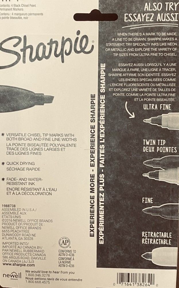 Sharpie Broad Larges Quick Dry CHISEL POINT Permanent Markers Black 4 PACK