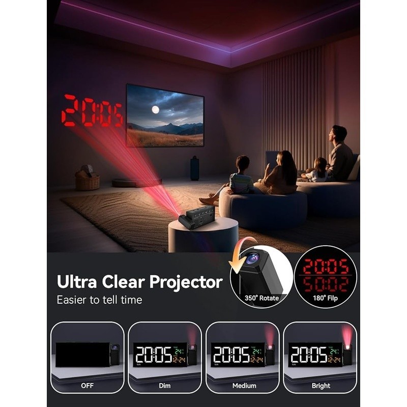 Projection Alarm Clock Adjustable Brightness Volume Temperature Display 4 in 1