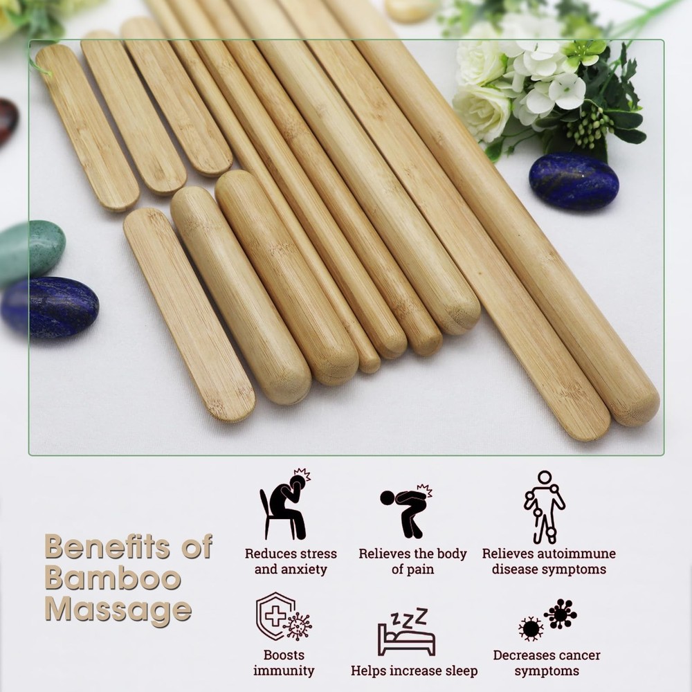 12 PCS Solid Bamboo Massage Stick Sets Warm Bamboo Therapy Massage Tools Guas...