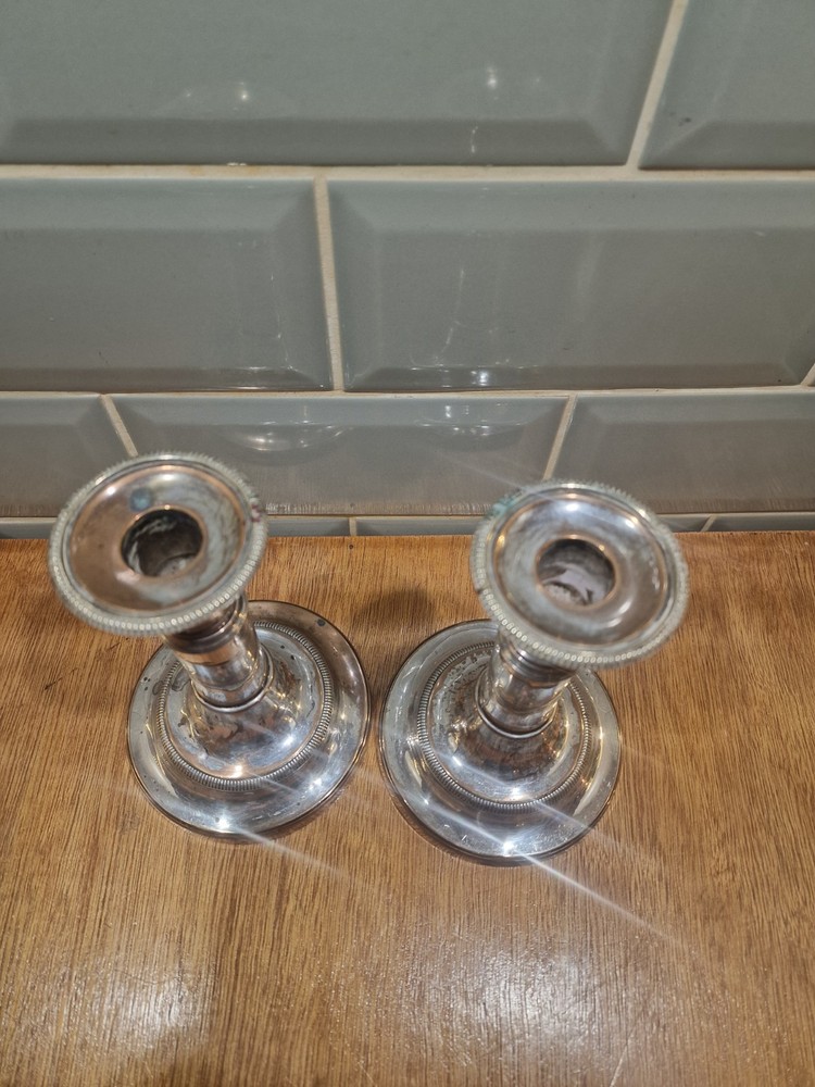 Pair Antique Silver Plated Neoclassical Candlesticks