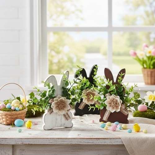 Yousoontic 3 Pcs Easter Table Decorations Rustic Wooden Easter Front Bunny