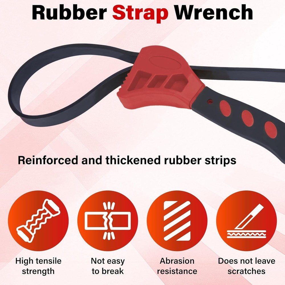 2pcs Red Rubber Strap Wrench 24" & 19.7" Adjustable Oil/Water Filter Tool